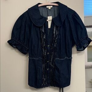 Anthology-Pilcro Dark Indigo Ruffle-Front Button Blouse